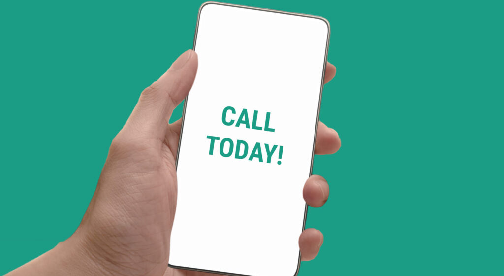 This is the contact page image of a hand holding a phone stating, "Call Today!"